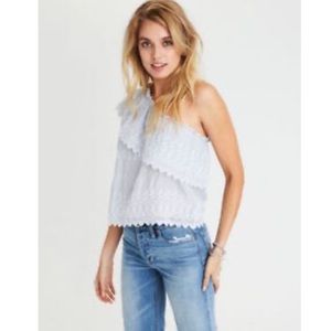 American Eagle Off The Shoulder One Sleeve Boho Eyelet Flowy Top